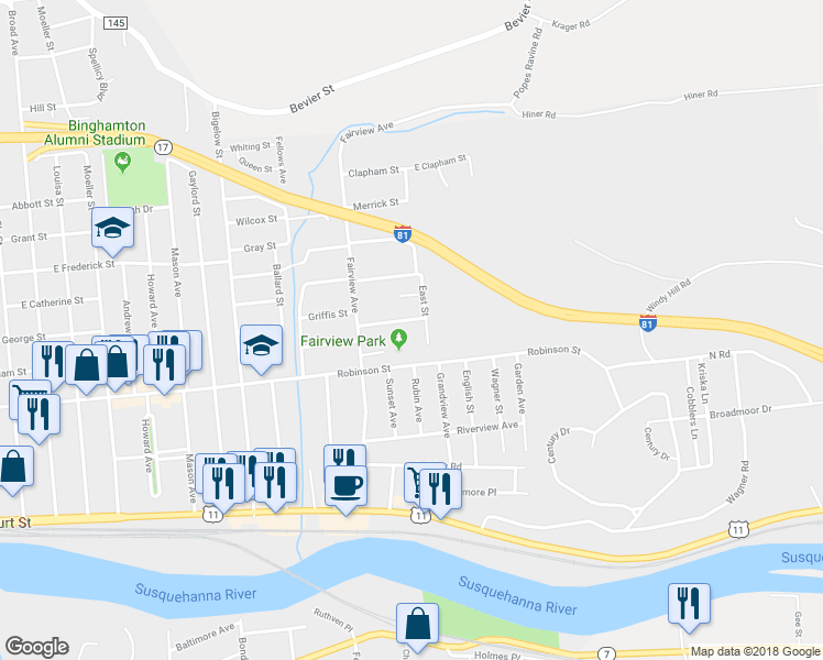 map of restaurants, bars, coffee shops, grocery stores, and more near 22 Willard Street in Binghamton