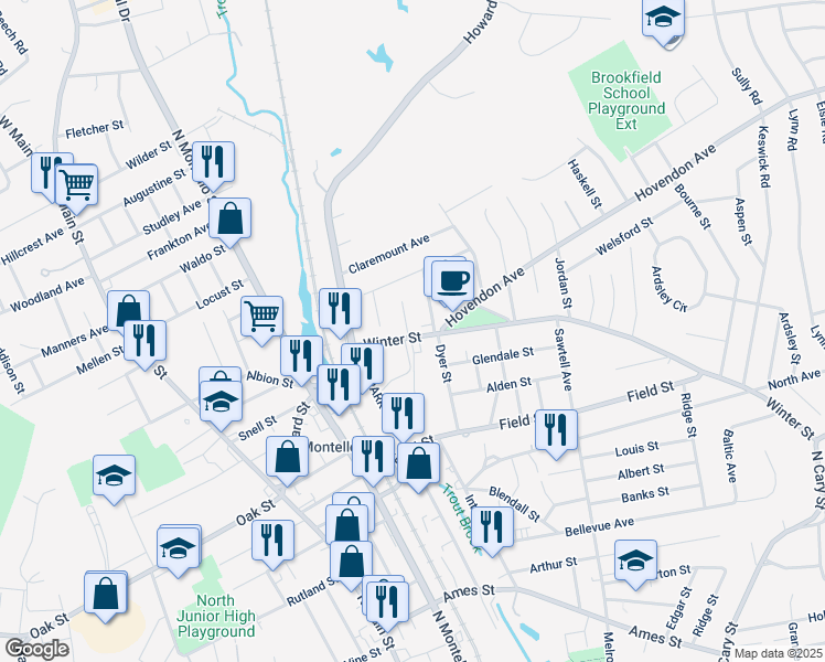 map of restaurants, bars, coffee shops, grocery stores, and more near 30 Winter Street in Brockton