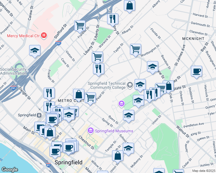 map of restaurants, bars, coffee shops, grocery stores, and more near 192-194 Pearl Street in Springfield