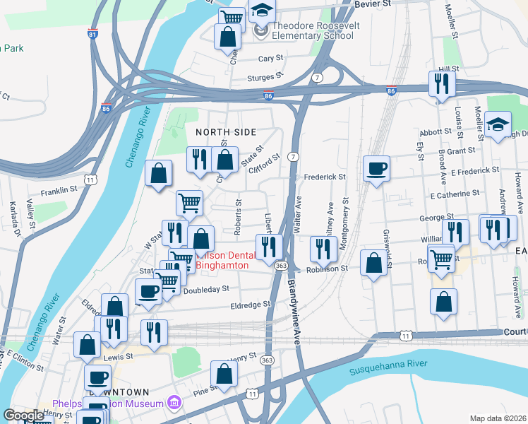 map of restaurants, bars, coffee shops, grocery stores, and more near 113 Liberty Street in Binghamton