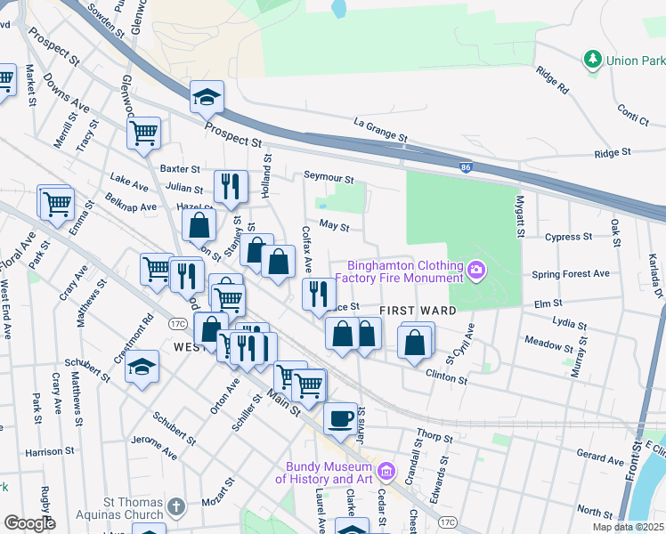 map of restaurants, bars, coffee shops, grocery stores, and more near 28 Colfax Avenue in Binghamton