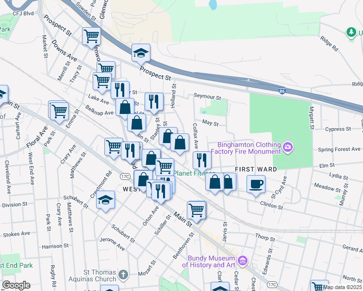 map of restaurants, bars, coffee shops, grocery stores, and more near 7 Holland Street in Binghamton