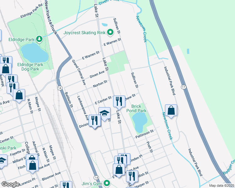 map of restaurants, bars, coffee shops, grocery stores, and more near 1226-1228 Lake Street in Elmira