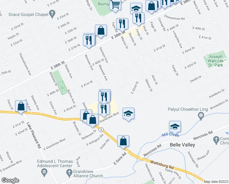 map of restaurants, bars, coffee shops, grocery stores, and more near 4210 Davison Avenue in Erie