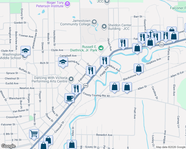 map of restaurants, bars, coffee shops, grocery stores, and more near 1065 East 2nd Street in Jamestown