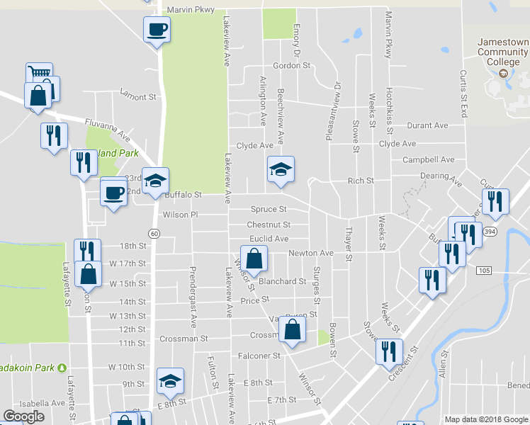 map of restaurants, bars, coffee shops, grocery stores, and more near 42 Spruce Street in Jamestown
