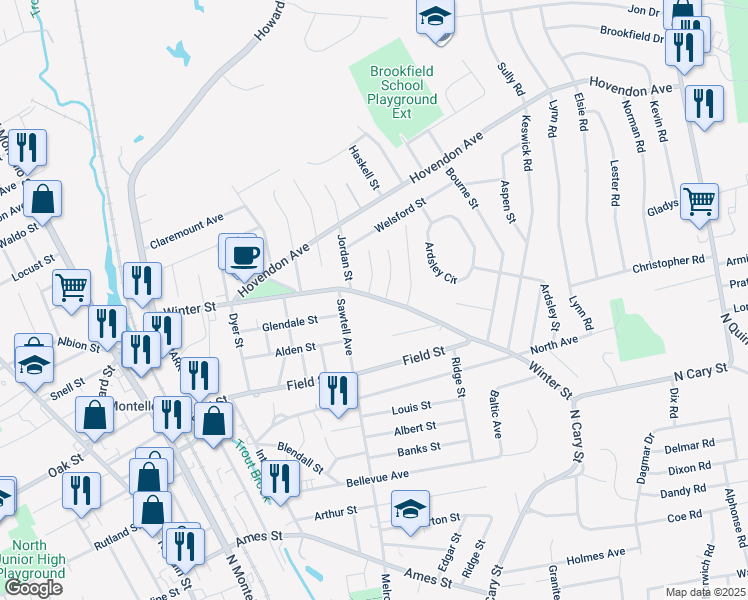 map of restaurants, bars, coffee shops, grocery stores, and more near 213 Winter Street in Brockton