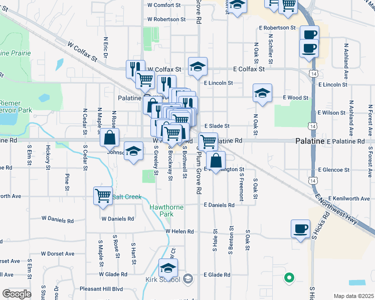 map of restaurants, bars, coffee shops, grocery stores, and more near 24 South Plum Grove Road in Palatine