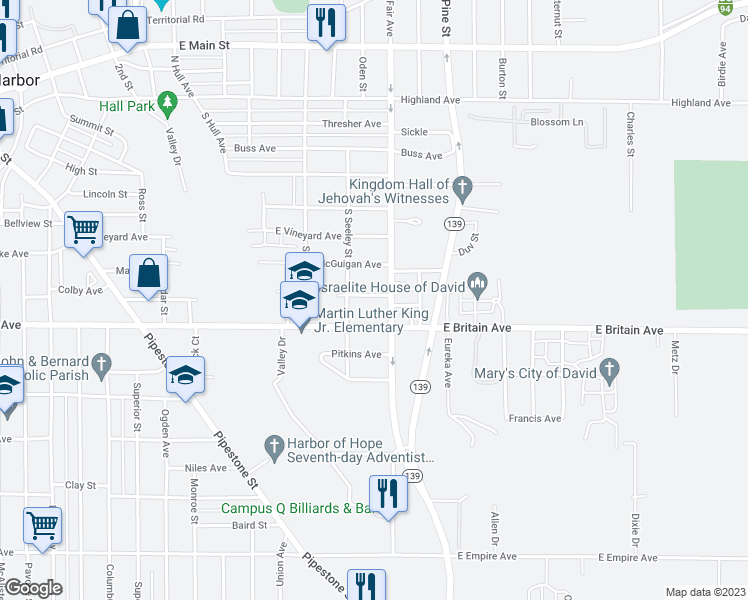 map of restaurants, bars, coffee shops, grocery stores, and more near 868 Mineral Avenue in Benton Harbor