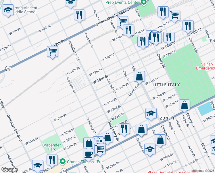 map of restaurants, bars, coffee shops, grocery stores, and more near 1011 West 19th Street in Erie