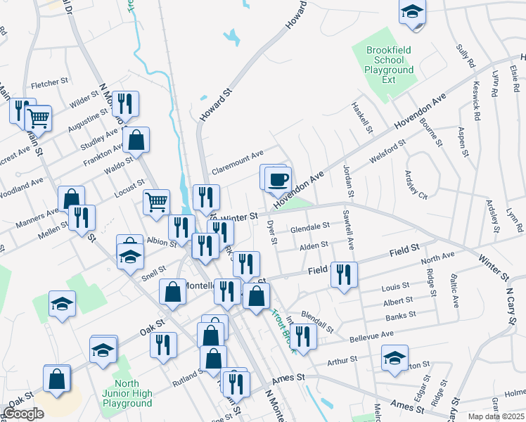 map of restaurants, bars, coffee shops, grocery stores, and more near 64 Winter Street in Brockton