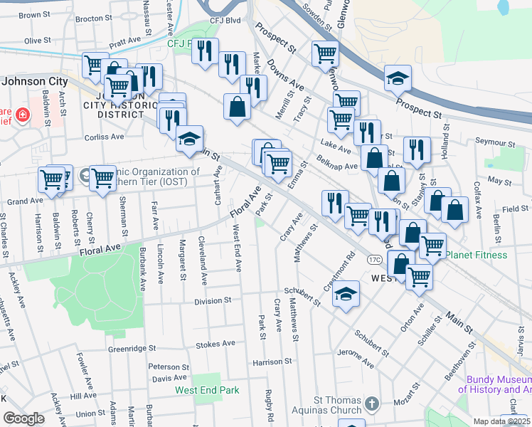 map of restaurants, bars, coffee shops, grocery stores, and more near 104 Grand Boulevard in Binghamton