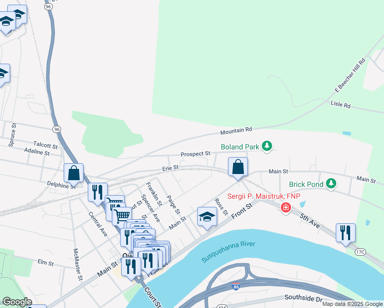 map of restaurants, bars, coffee shops, grocery stores, and more near Prospect Street in Owego
