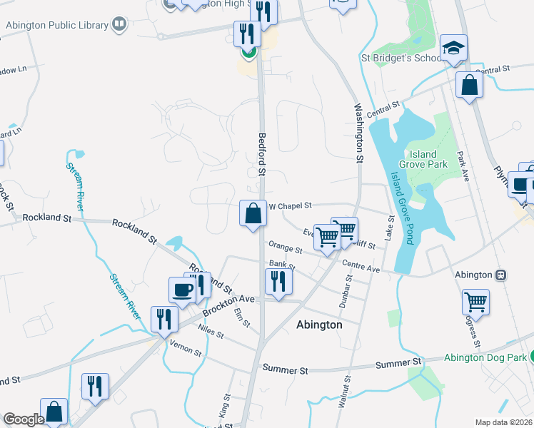 map of restaurants, bars, coffee shops, grocery stores, and more near 207 Bedford Street in Abington