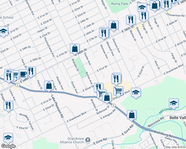 map of restaurants, bars, coffee shops, grocery stores, and more near 4103 Burton Avenue in Erie