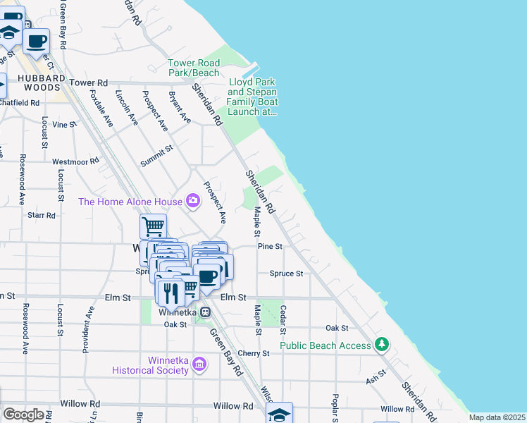 map of restaurants, bars, coffee shops, grocery stores, and more near 678 Sheridan Road in Winnetka