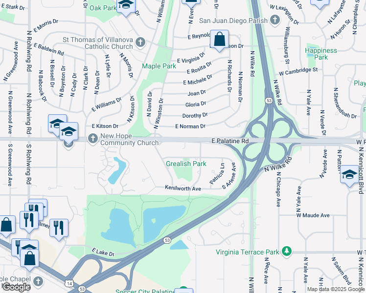 map of restaurants, bars, coffee shops, grocery stores, and more near 1322 East Joyce Avenue in Palatine