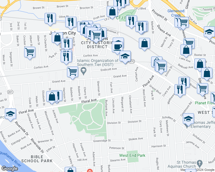 map of restaurants, bars, coffee shops, grocery stores, and more near 31 Burbank Avenue in Johnson City