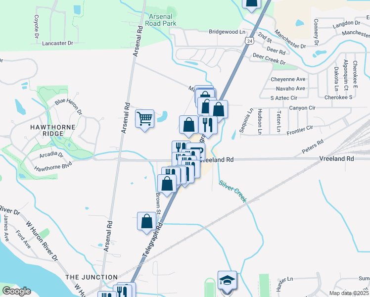 map of restaurants, bars, coffee shops, grocery stores, and more near 27000 Telegraph Road in Flat Rock