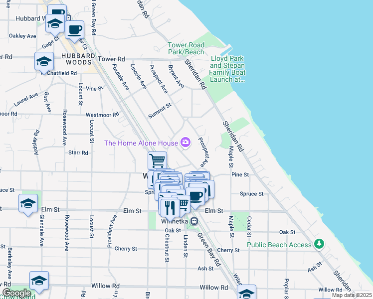 map of restaurants, bars, coffee shops, grocery stores, and more near 671 Lincoln Avenue in Winnetka