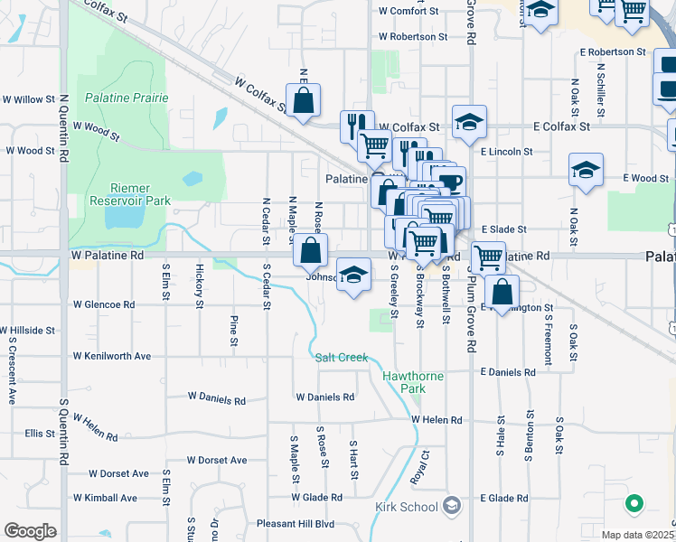 map of restaurants, bars, coffee shops, grocery stores, and more near 236 Johnson Street in Palatine