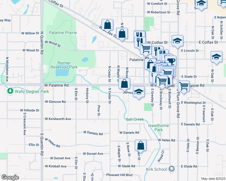 map of restaurants, bars, coffee shops, grocery stores, and more near 353 Johnson Street in Palatine