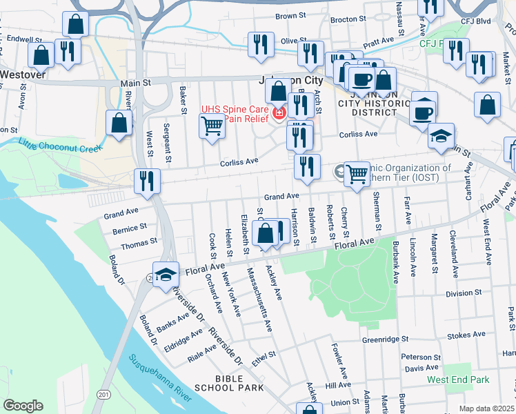 map of restaurants, bars, coffee shops, grocery stores, and more near 182 Saint Charles Street in Johnson City
