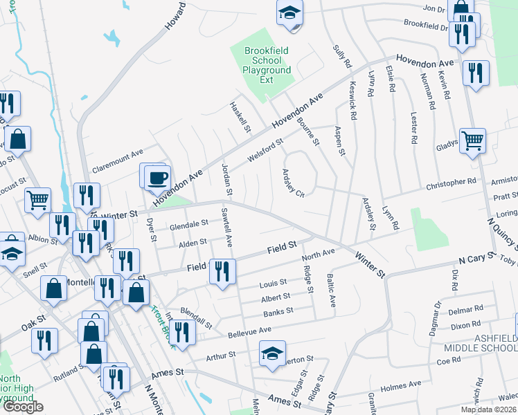 map of restaurants, bars, coffee shops, grocery stores, and more near 220 Winter Street in Brockton