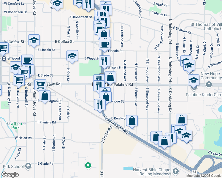 map of restaurants, bars, coffee shops, grocery stores, and more near 444 East Northwest Highway in Palatine