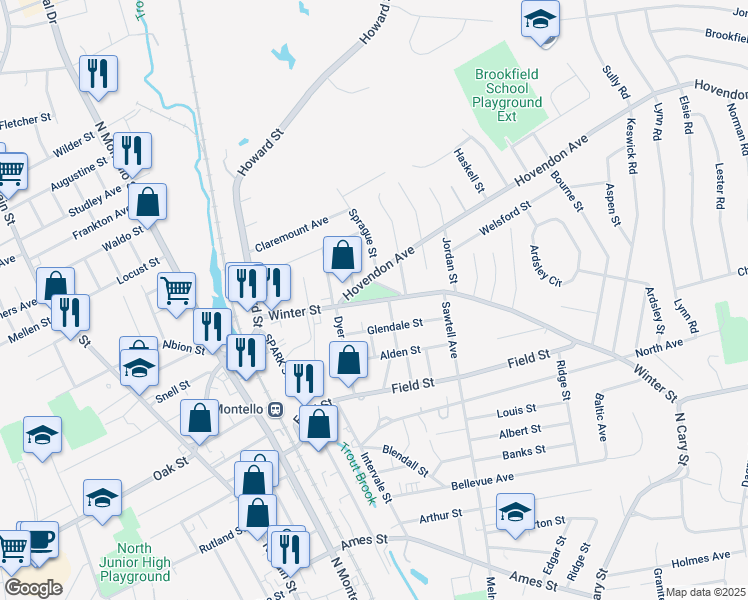 map of restaurants, bars, coffee shops, grocery stores, and more near 115 Winter Street in Brockton