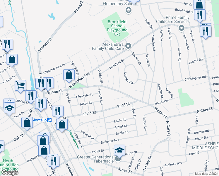map of restaurants, bars, coffee shops, grocery stores, and more near 213 Winter Street in Brockton