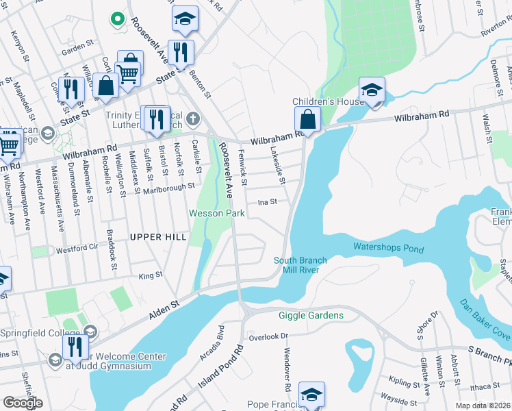 map of restaurants, bars, coffee shops, grocery stores, and more near 114-120 Fenwick Street in Springfield