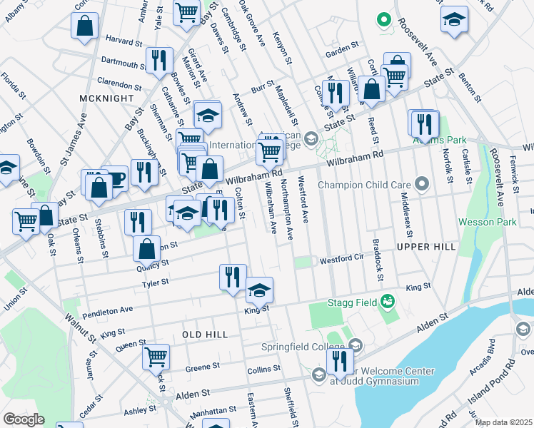 map of restaurants, bars, coffee shops, grocery stores, and more near 62 Wilbraham Avenue in Springfield