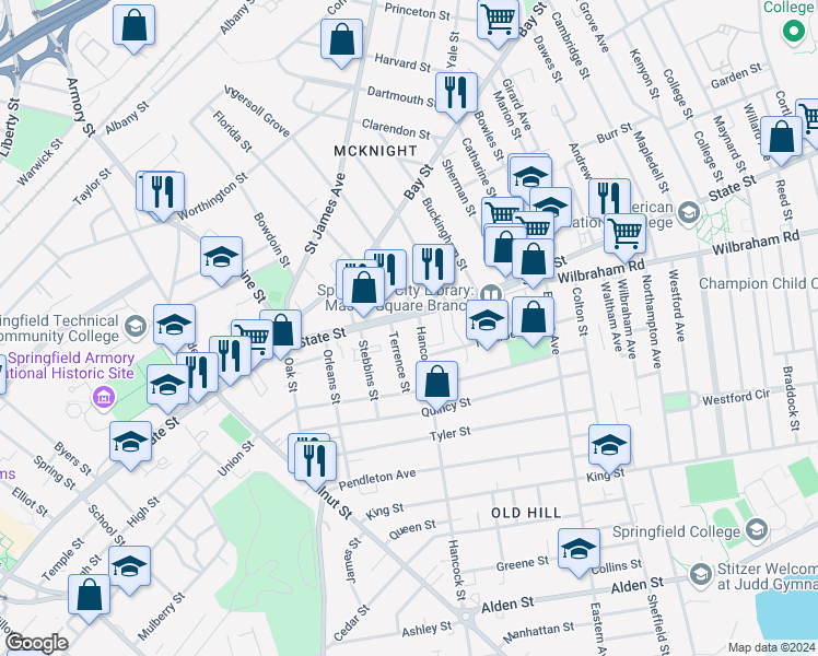 map of restaurants, bars, coffee shops, grocery stores, and more near 18 Terrence Street in Springfield