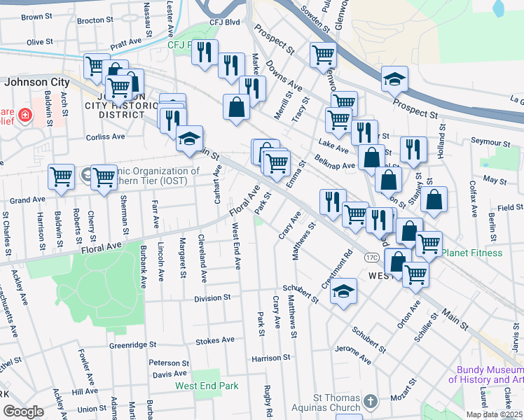 map of restaurants, bars, coffee shops, grocery stores, and more near 104 Grand Boulevard in Binghamton