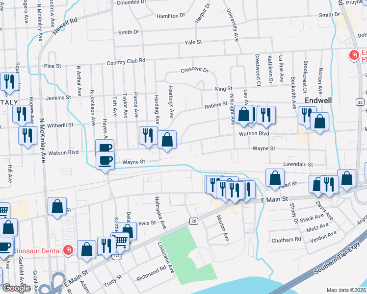 map of restaurants, bars, coffee shops, grocery stores, and more near 2601 Wayne Street in Endicott