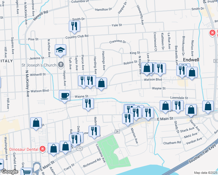 map of restaurants, bars, coffee shops, grocery stores, and more near 2601 Wayne Street in Endicott