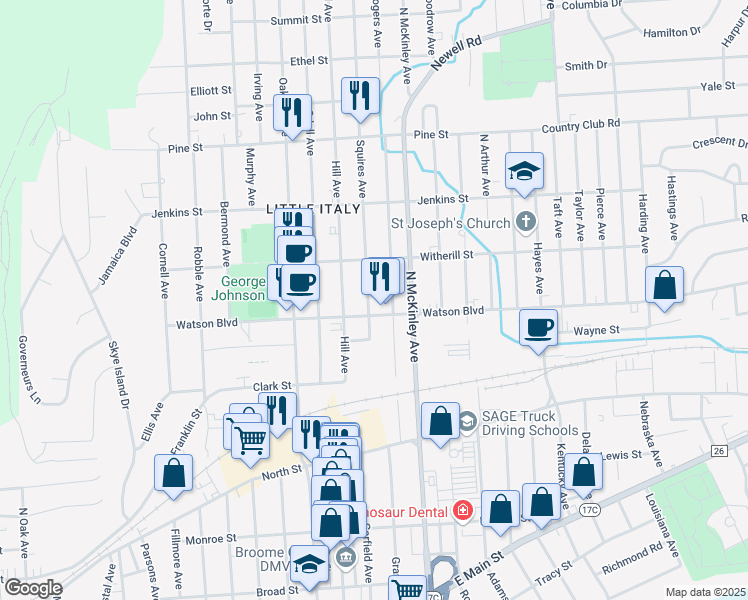 map of restaurants, bars, coffee shops, grocery stores, and more near 101 Squires Avenue in Endicott