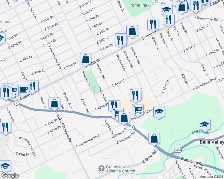 map of restaurants, bars, coffee shops, grocery stores, and more near 4121 Dexter Avenue in Erie