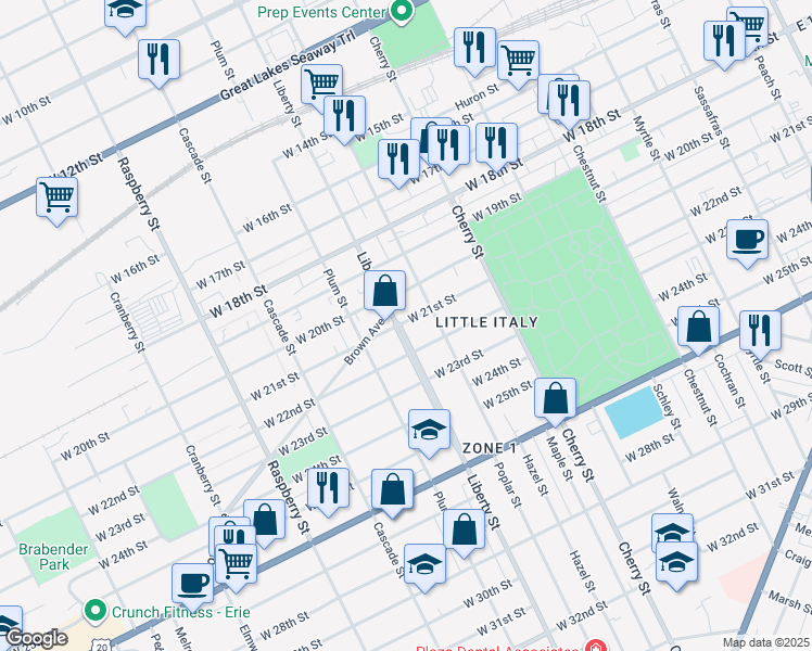 map of restaurants, bars, coffee shops, grocery stores, and more near 720 West 22nd Street in Erie