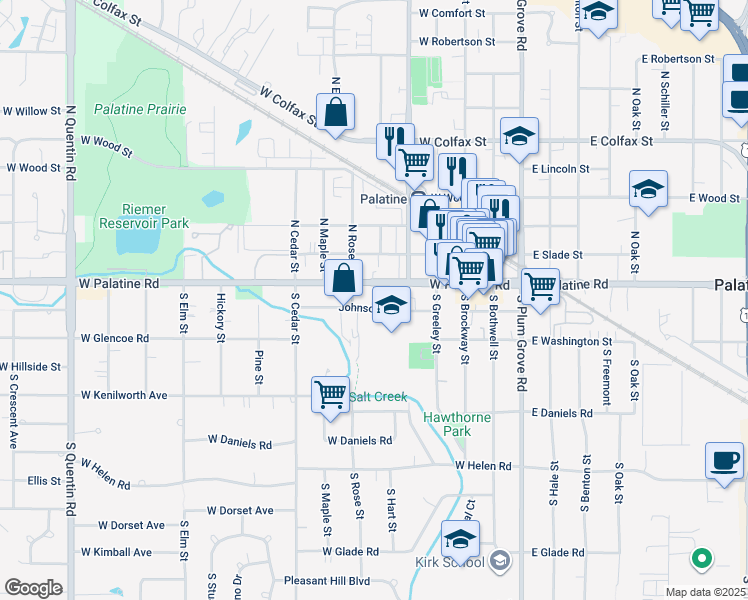 map of restaurants, bars, coffee shops, grocery stores, and more near 236 Johnson Street in Palatine