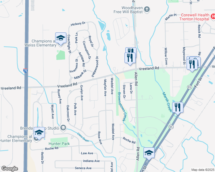 map of restaurants, bars, coffee shops, grocery stores, and more near 27146 Weddel Avenue in Brownstown Charter Township
