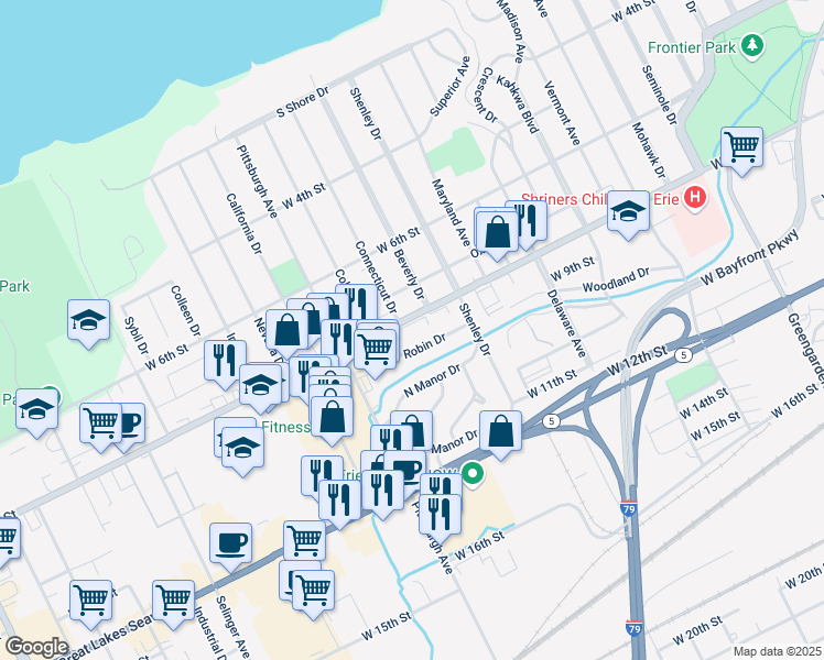 map of restaurants, bars, coffee shops, grocery stores, and more near 2162 Robin Drive in Erie