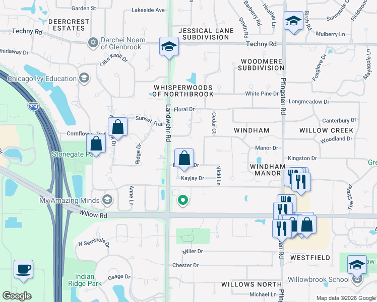 map of restaurants, bars, coffee shops, grocery stores, and more near 3101 Donovan Glen Court in Northbrook