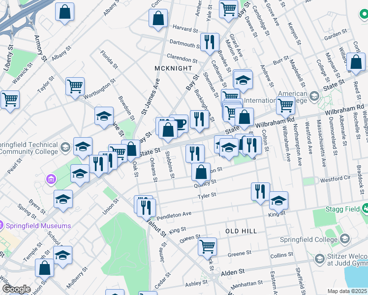 map of restaurants, bars, coffee shops, grocery stores, and more near 671 State Street in Springfield