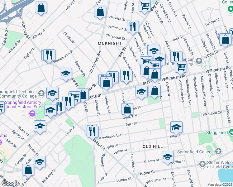 map of restaurants, bars, coffee shops, grocery stores, and more near 18 Terrence Street in Springfield