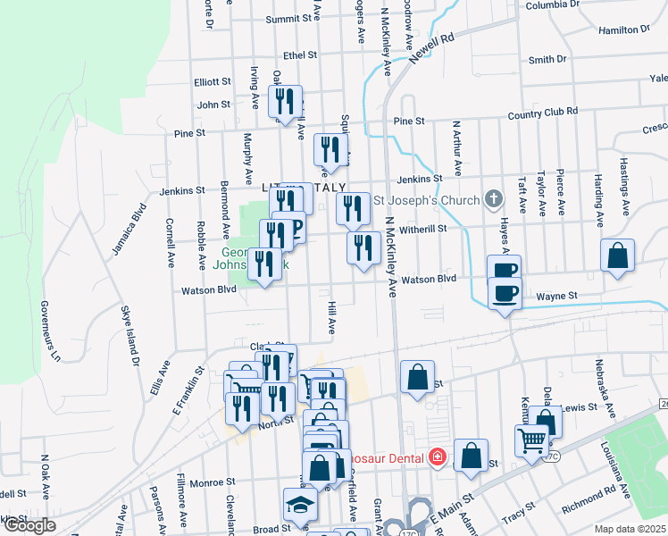 map of restaurants, bars, coffee shops, grocery stores, and more near 108 Hill Avenue in Endicott