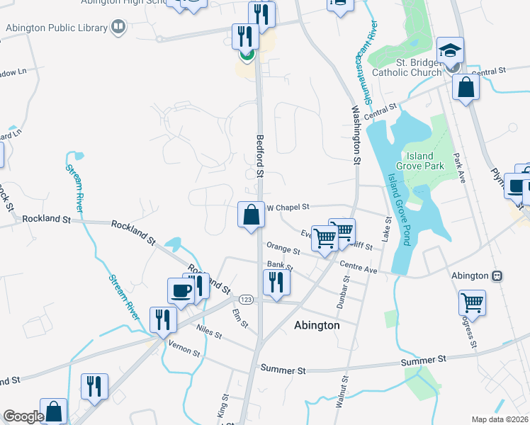 map of restaurants, bars, coffee shops, grocery stores, and more near 197 Bedford Street in Abington