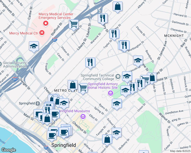 map of restaurants, bars, coffee shops, grocery stores, and more near 192-194 Pearl Street in Springfield