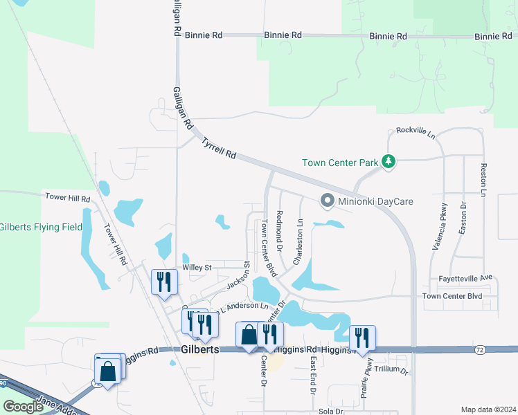 map of restaurants, bars, coffee shops, grocery stores, and more near 288 Jackson Street in Gilberts
